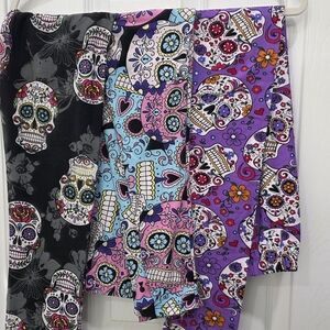Colorful Sugar Skull Leggings - Black, Pink, Blue, Purple